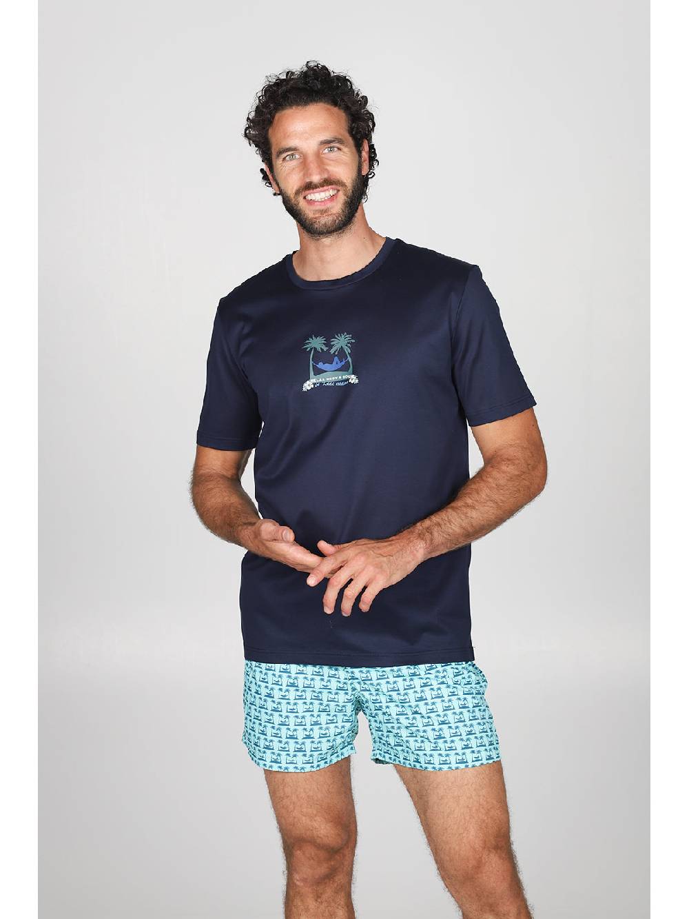 Julipet T-shirt in jersey di puro cotone blu, con stampa piazzata "palme" Qualità Garantita