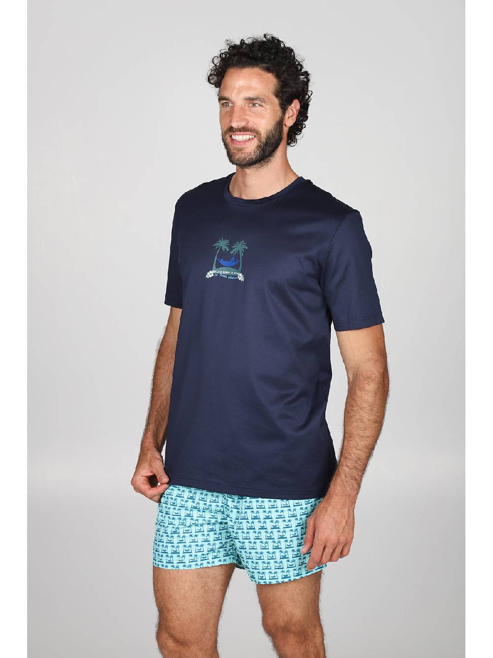 Julipet T-shirt in jersey di puro cotone blu, con stampa piazzata "palme" Qualità Garantita
