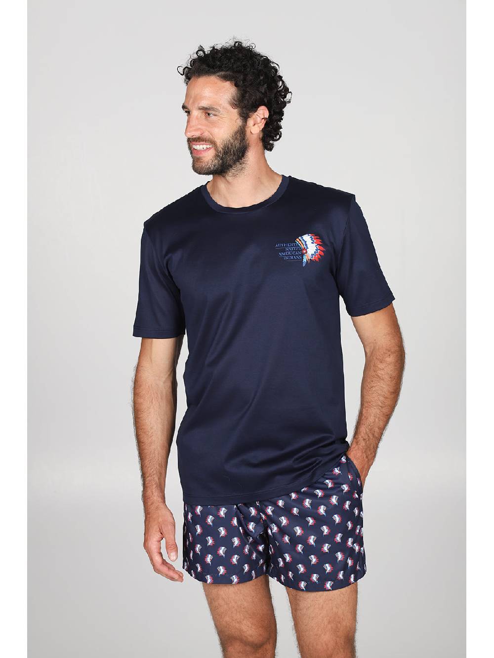 Julipet T-shirt in jersey di puro cotone blu, con stampa piazzata "indiano" Negozi Online