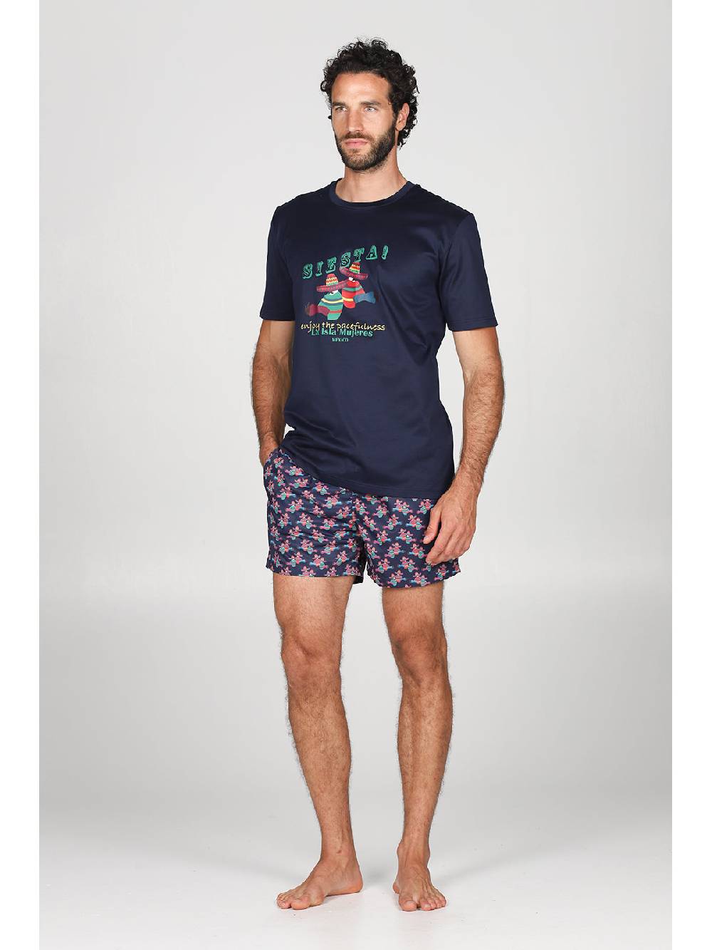 Julipet T-shirt in jersey di puro cotone blu, con stampa piazzata "siesta" Acquista Ora