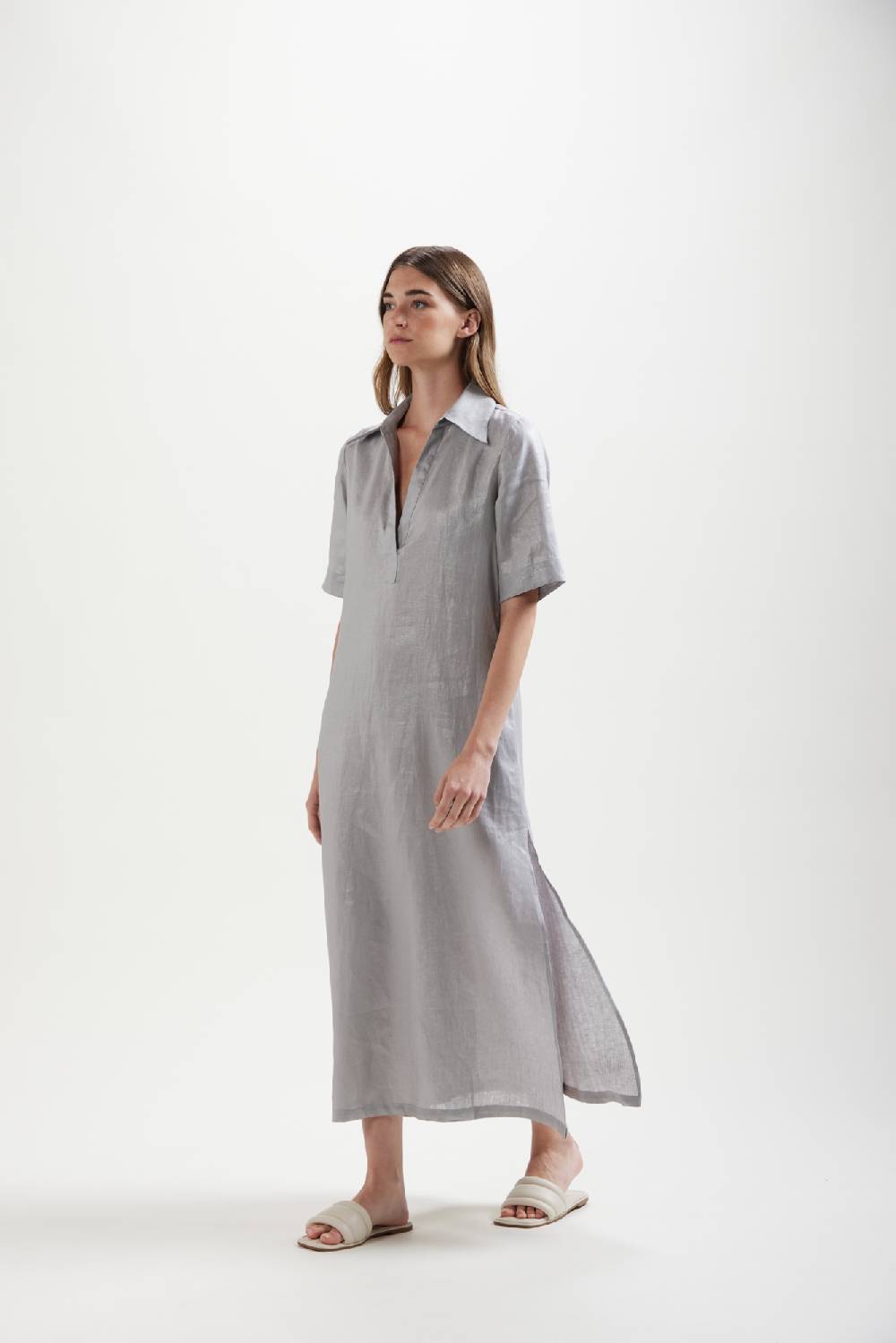 Kangra Cashmere Abito Lungo In Tela Di Lino Con Spacchi Offerte
