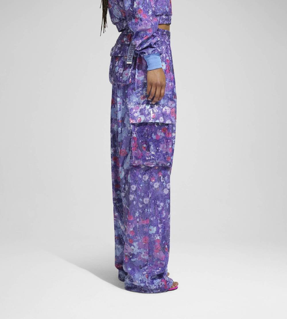 Khrisjoy PANTS MULTIPOCKET PAILLETTES FLOWERS UPSIDE DOWN GRAPE Saldi
