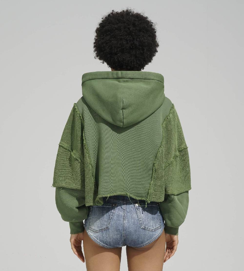 Khrisjoy HOODIE CROP DOUBLE POCKETS OLIVE GREEN Nuova