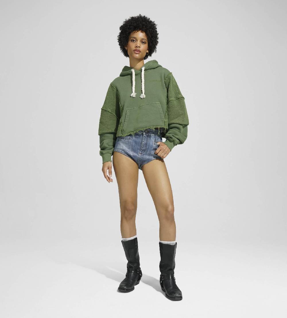 Khrisjoy HOODIE CROP DOUBLE POCKETS OLIVE GREEN Nuova