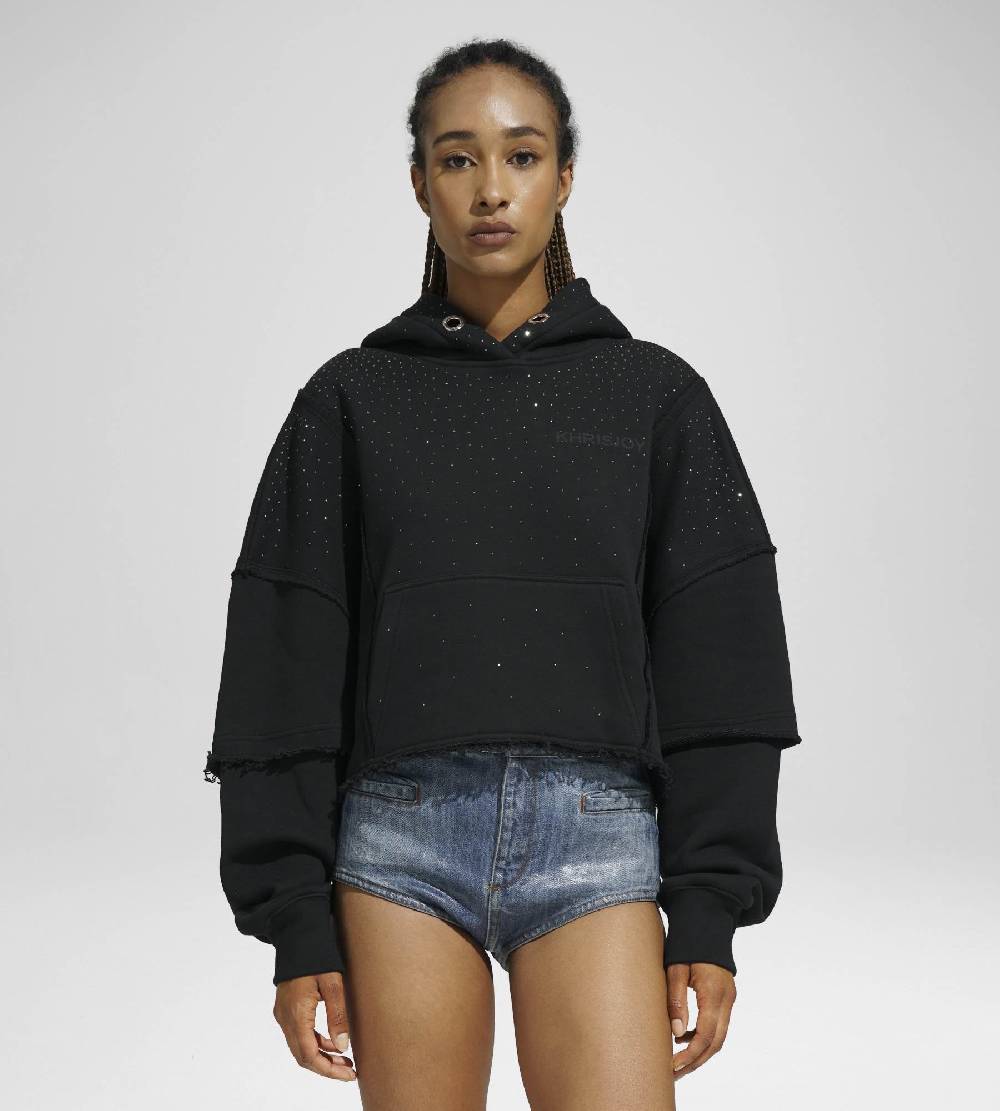 Khrisjoy HOODIE CROP DOUBLE POCKETS STRASS BLACK Negozi Online