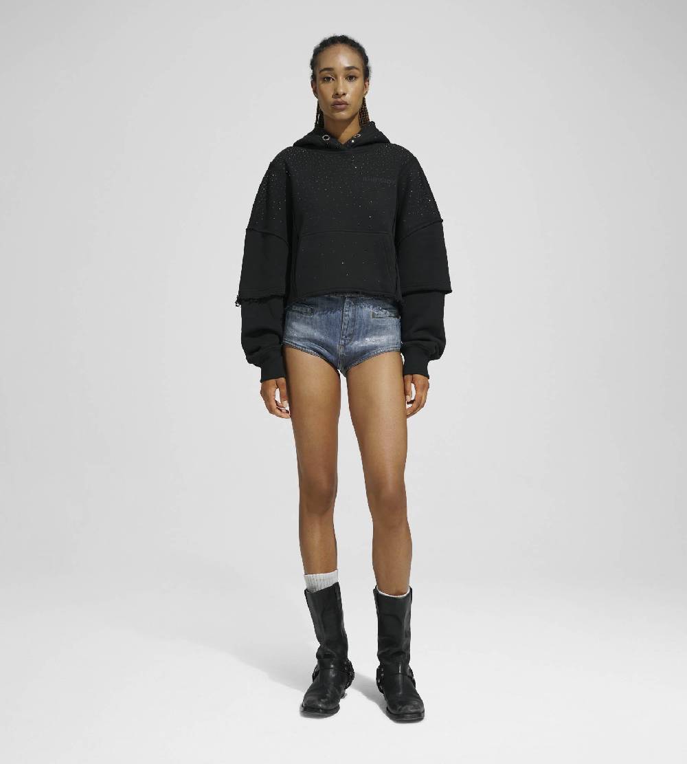 Khrisjoy HOODIE CROP DOUBLE POCKETS STRASS BLACK Negozi Online