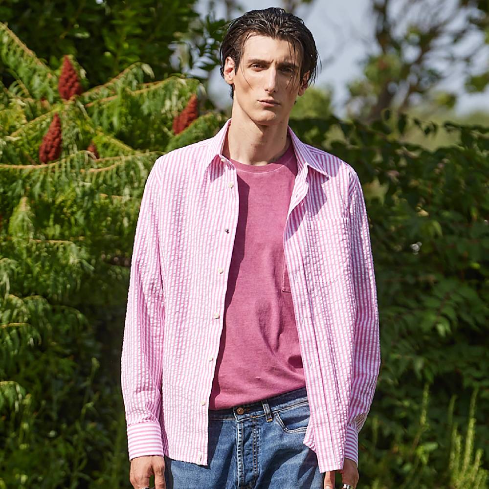 Officina 36 Camicia in seersucker rigato color bubble In Saldo