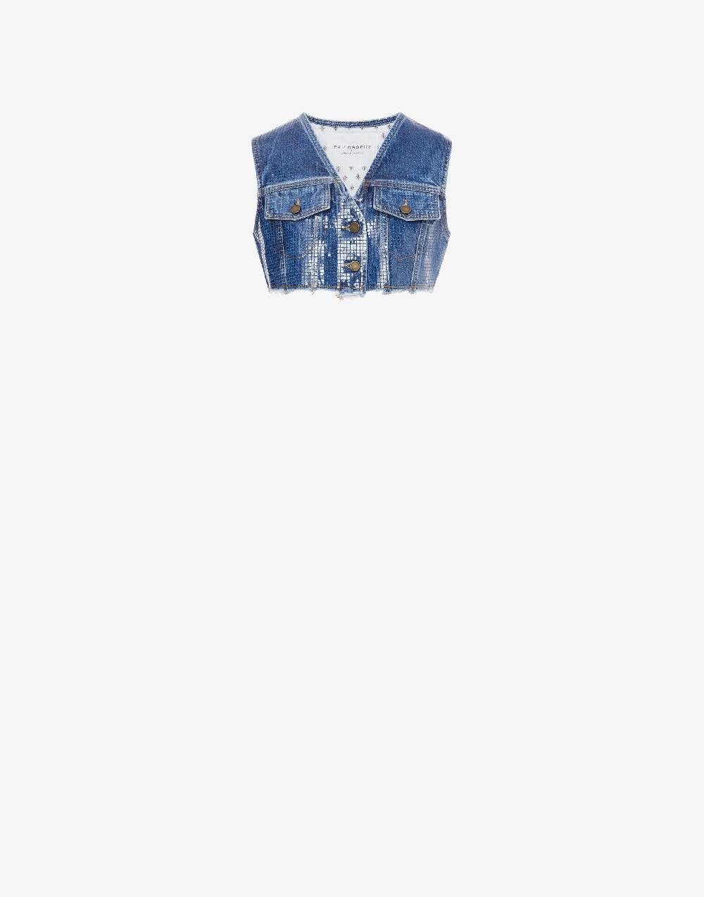 Philosophy Di Lorenzo Serafini Gilet crop in denim con paillettes Nuova