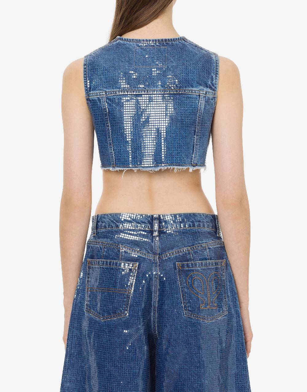 Philosophy Di Lorenzo Serafini Gilet crop in denim con paillettes Nuova
