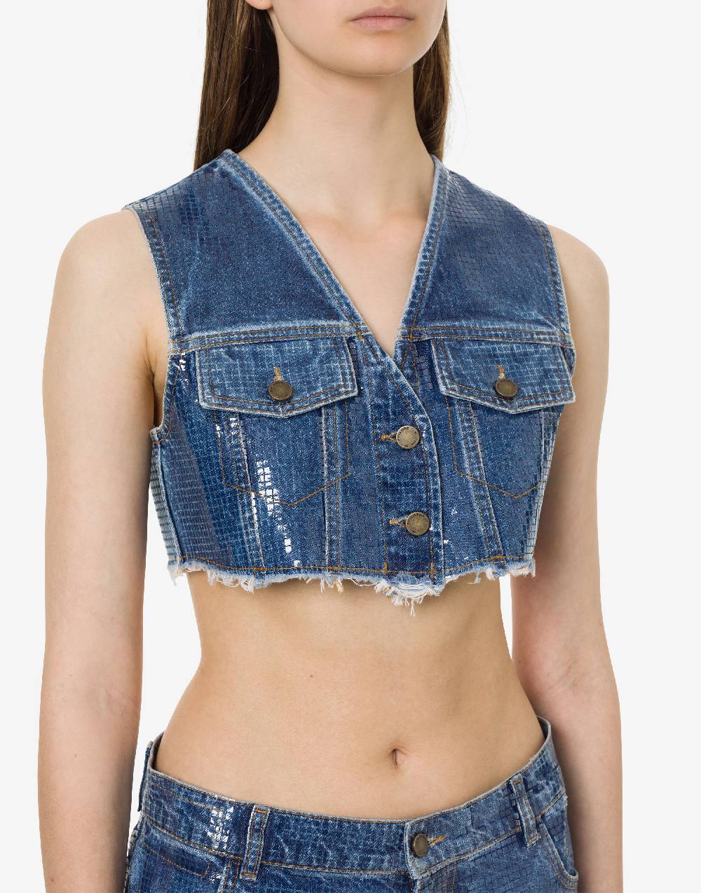 Philosophy Di Lorenzo Serafini Gilet crop in denim con paillettes Nuova