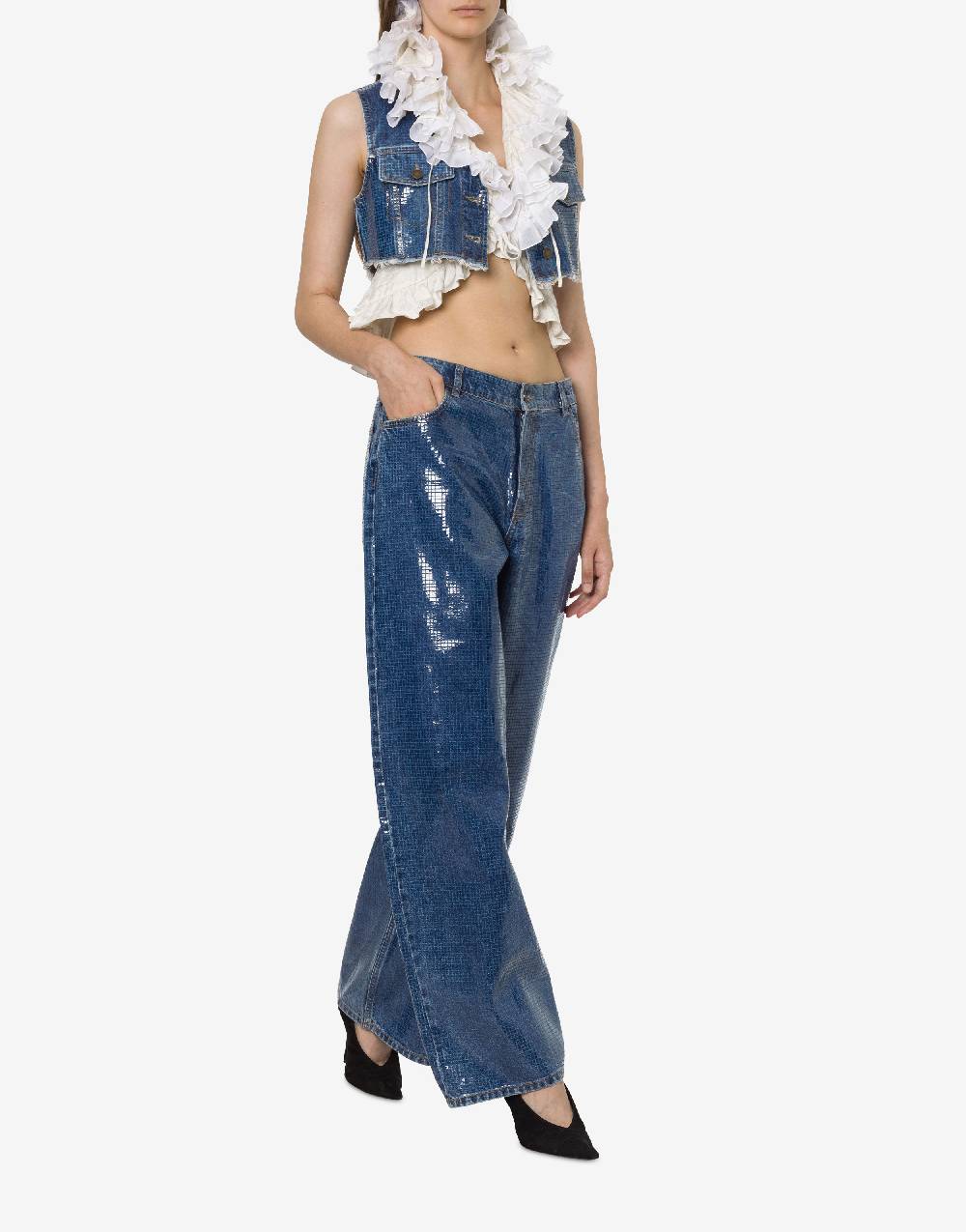 Philosophy Di Lorenzo Serafini Gilet crop in denim con paillettes Nuova