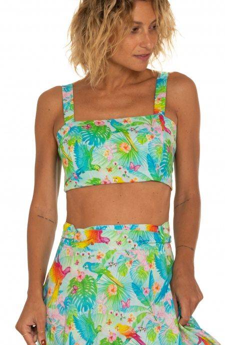 Pin Up Stars Top Con Spalline Stampa Happy Tropical Smaltimento dello stoccaggio