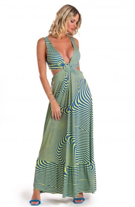 Pin Up Stars Vestito Lungo Jersey Stampa Optical Officina