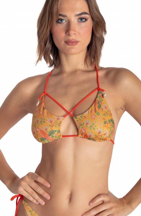 Pin Up Stars TOP BIKINI TRIANGOLO IMBOTTITO CON CONCHIGLIE STAMPA FLOWER BIRD Offerta Giorno del Papà