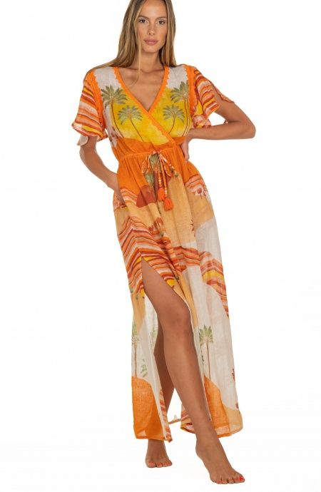 Pin Up Stars Long Dress Scollo a V In Garza Stampa Dune ACQUISTA ORA