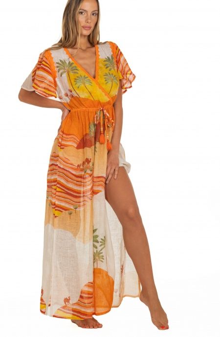 Pin Up Stars Long Dress Scollo a V In Garza Stampa Dune ACQUISTA ORA