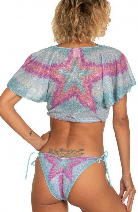 Pin Up Stars Crop Top Aperto Scollo A V Lurex Stampa Stella Sfumata Consegna Veloce