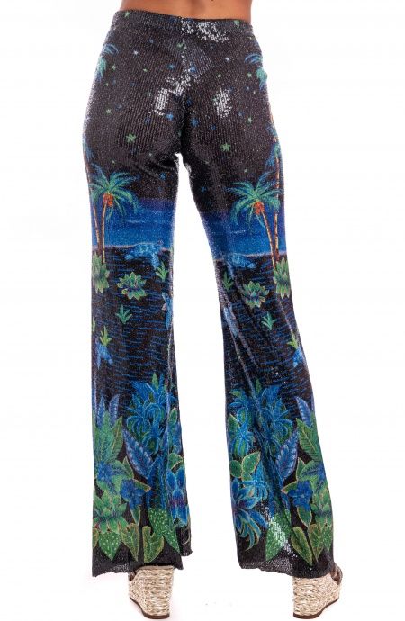 Pin Up Stars Pantalone Zampa Paillettes Stampa Hawaii Comprane uno, ottenene uno gratis