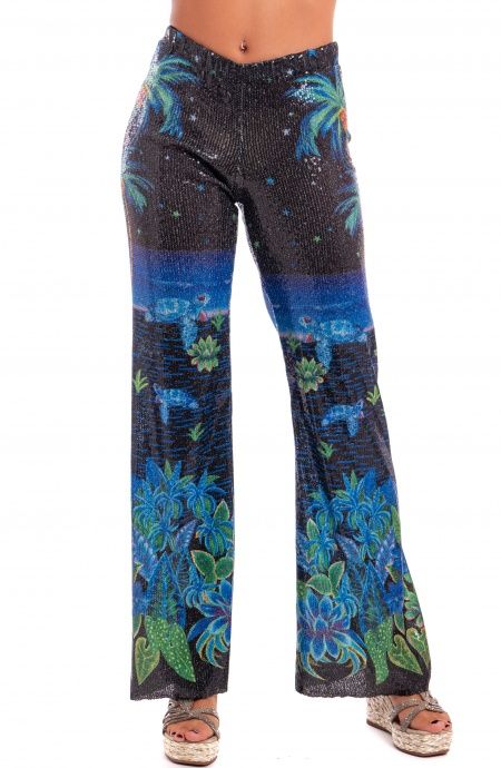 Pin Up Stars Pantalone Zampa Paillettes Stampa Hawaii Comprane uno, ottenene uno gratis