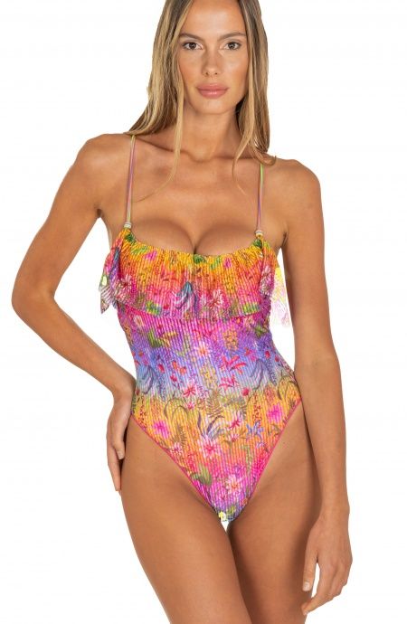 Pin Up Stars Costume Intero Con Balza Flower Rainbow Strass Duty-free