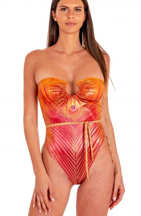 Pin Up Stars Costume Intero Con Anella Stampa Piuma Base Oro Convenienza