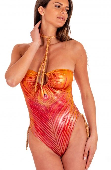 Pin Up Stars Costume Intero Con Anella Stampa Piuma Base Oro Convenienza