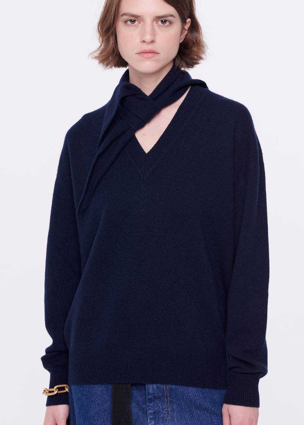 Plan C MAGLIONE CON FOULARD NAVY IN LANA Affare Del Giorno