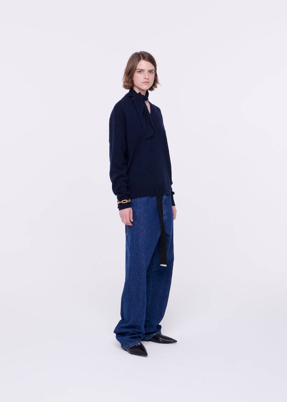 Plan C MAGLIONE CON FOULARD NAVY IN LANA Affare Del Giorno