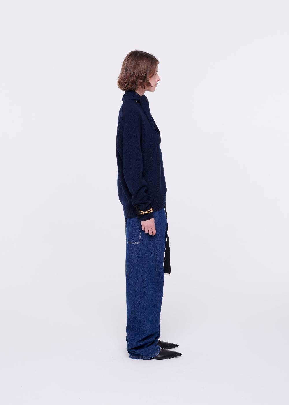 Plan C MAGLIONE CON FOULARD NAVY IN LANA Affare Del Giorno