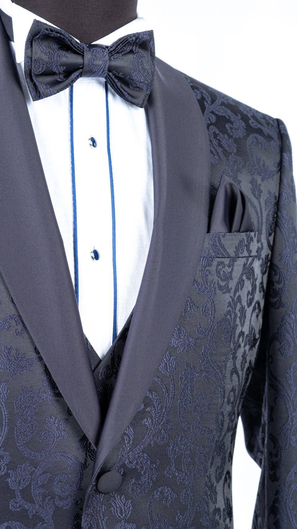 Baggi Smoking blu damascato da sposo con collo a scialle Sottocosto
