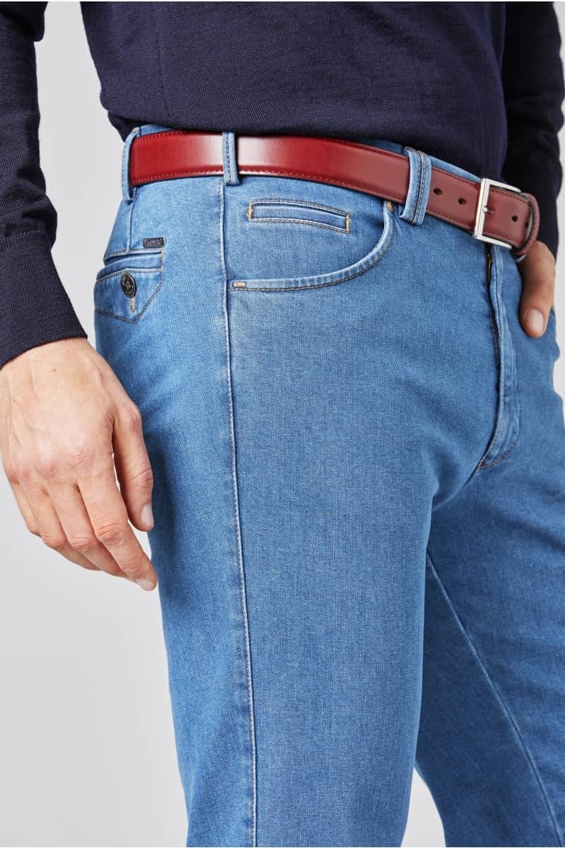 Meyer Cinque tasche in denim flex meyer blu medio stone modern fit Economico