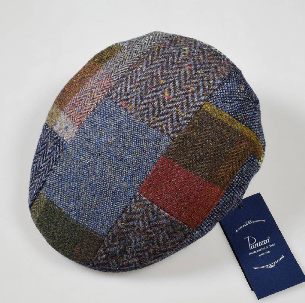 Panizza Berretto panizza blu a patchwork in lana donegal tweed Vendita