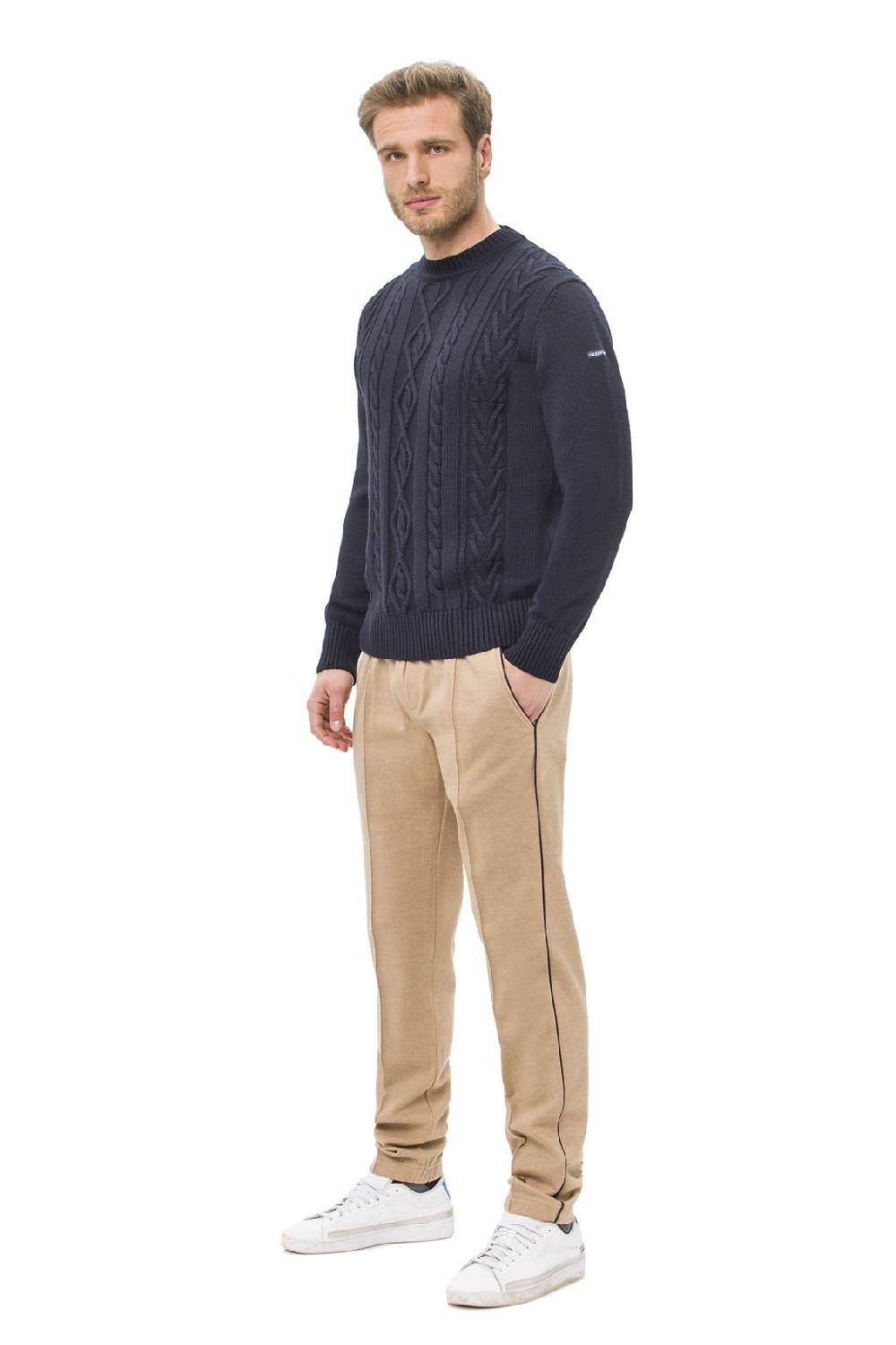 Green Coast Maglione girocollo blu a trecce green coast modern fit Vendita Economica
