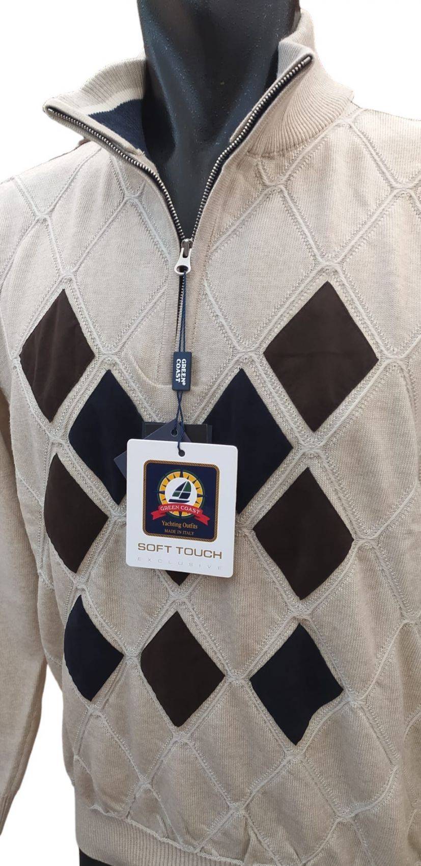 Green Coast Maglia a lupetto con zip a rombi in lana merinos zegna baruffa Latest fashion