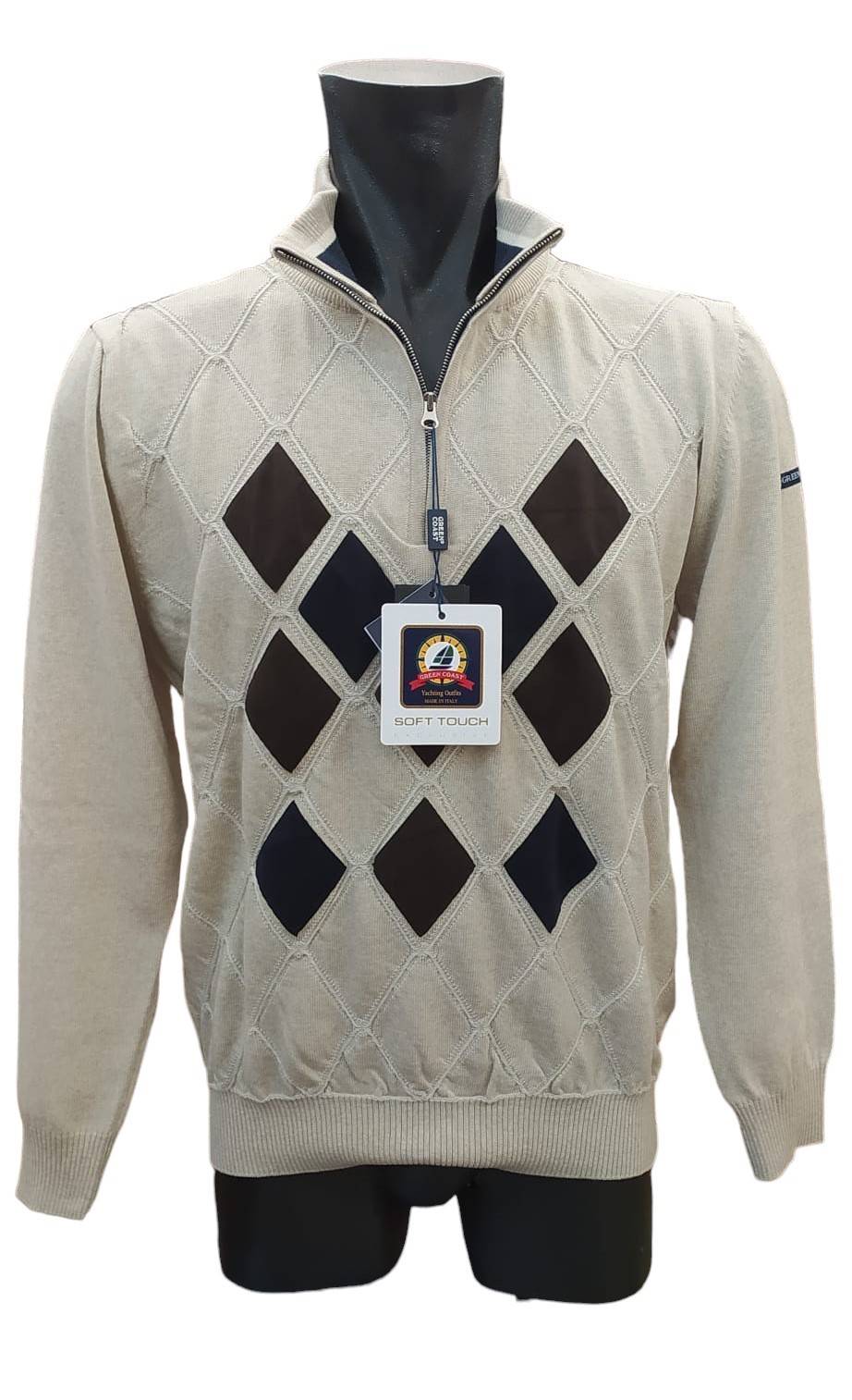 Green Coast Maglia a lupetto con zip a rombi in lana merinos zegna baruffa Latest fashion