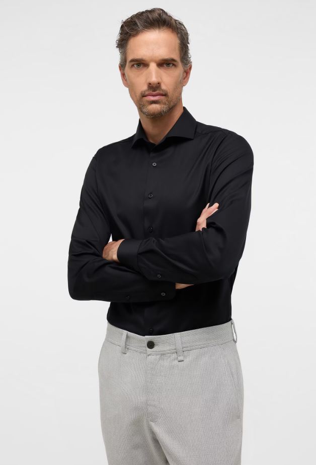 Eterna Camicia nera eterna slim fit collo francese cotone cover Fino Al -60%