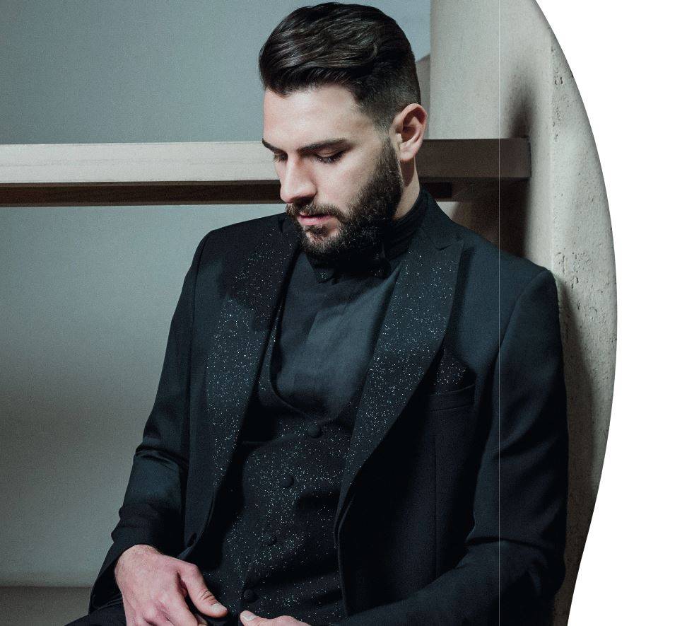 Musani Milano Cerimonia Smoking nero slim fit musani con petto a lancia brillantinato Saldi Di Fabbrica