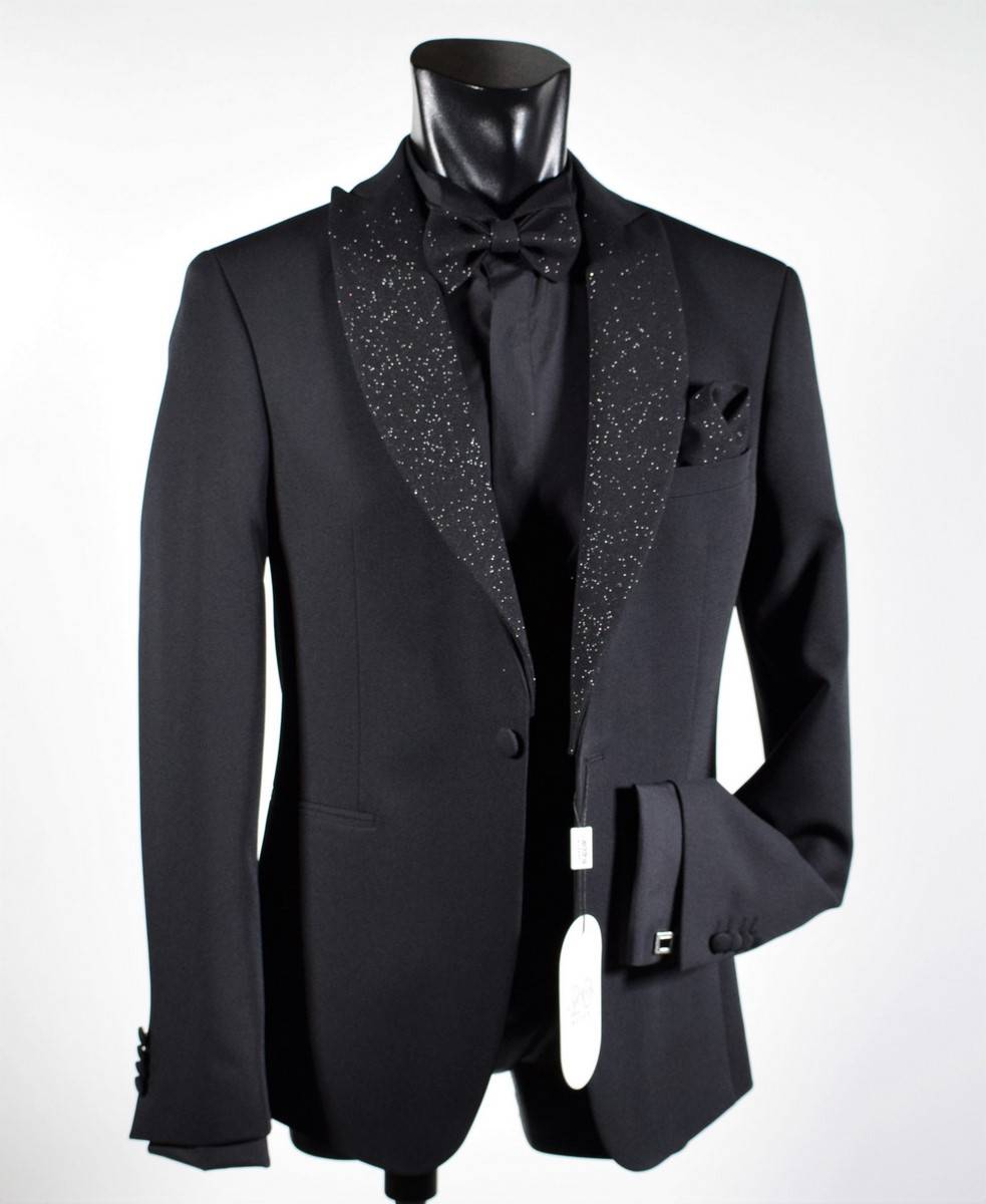 Musani Milano Cerimonia Smoking nero slim fit musani con petto a lancia brillantinato Saldi Di Fabbrica