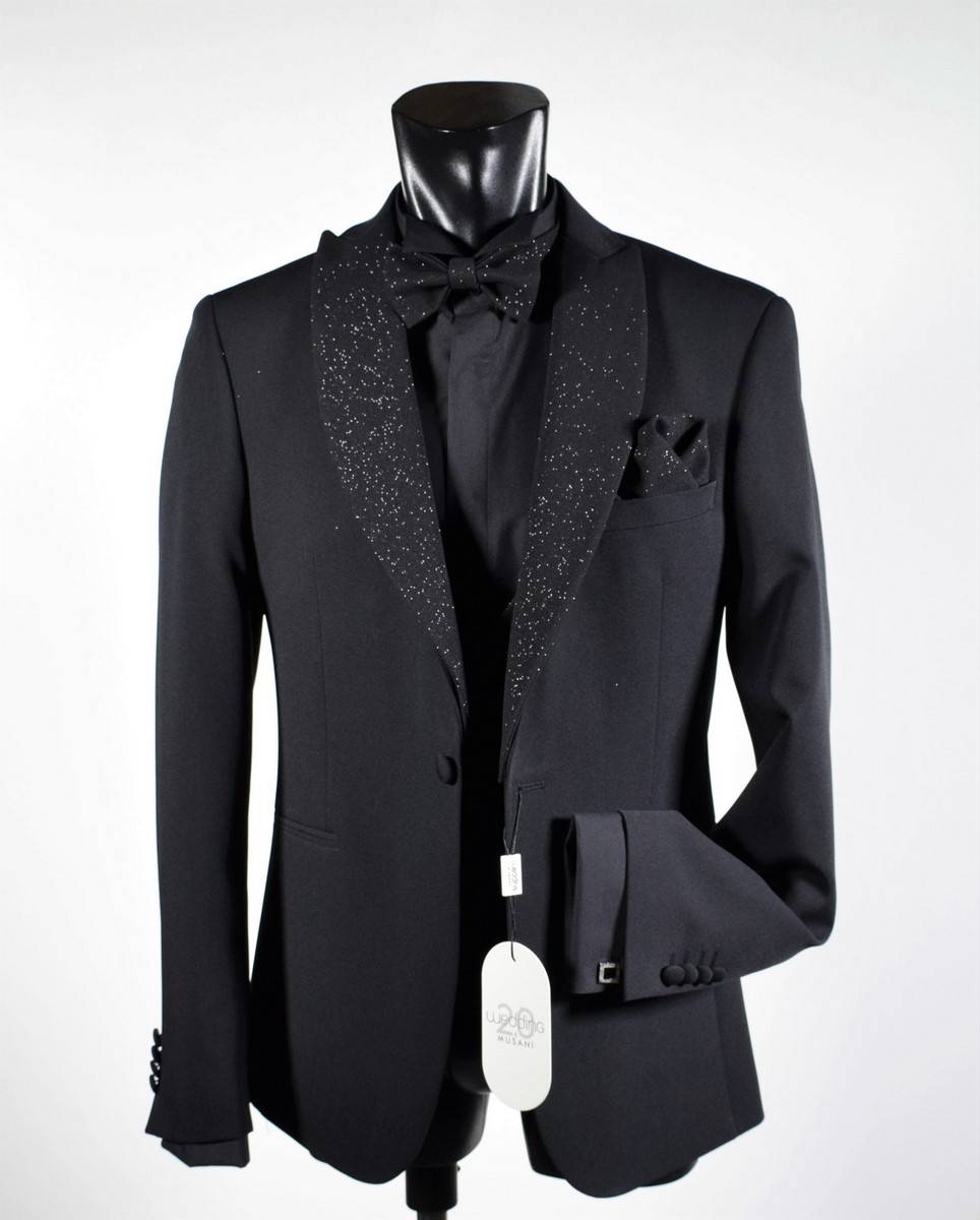 Musani Milano Cerimonia Smoking nero slim fit musani con petto a lancia brillantinato Saldi Di Fabbrica