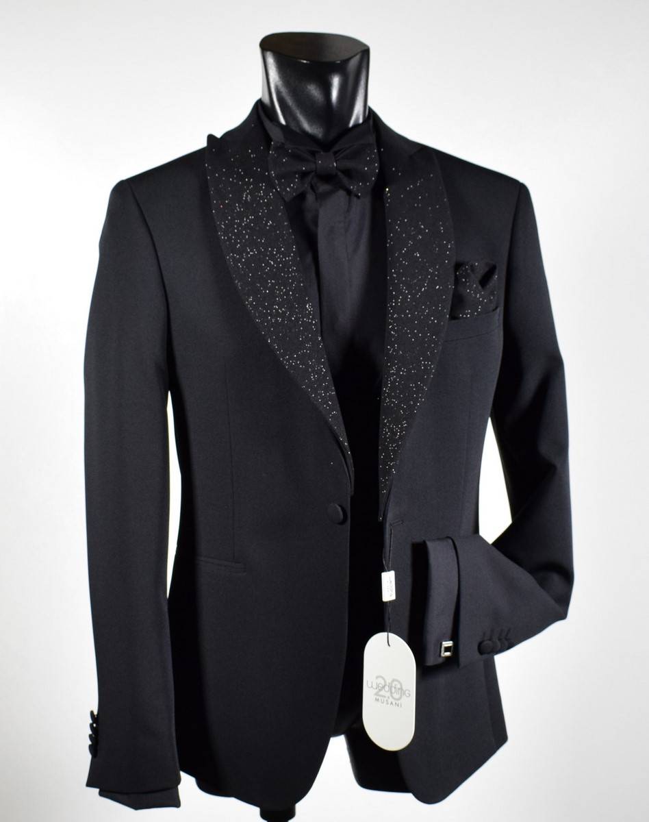 Musani Milano Cerimonia Smoking nero slim fit musani con petto a lancia brillantinato Saldi Di Fabbrica