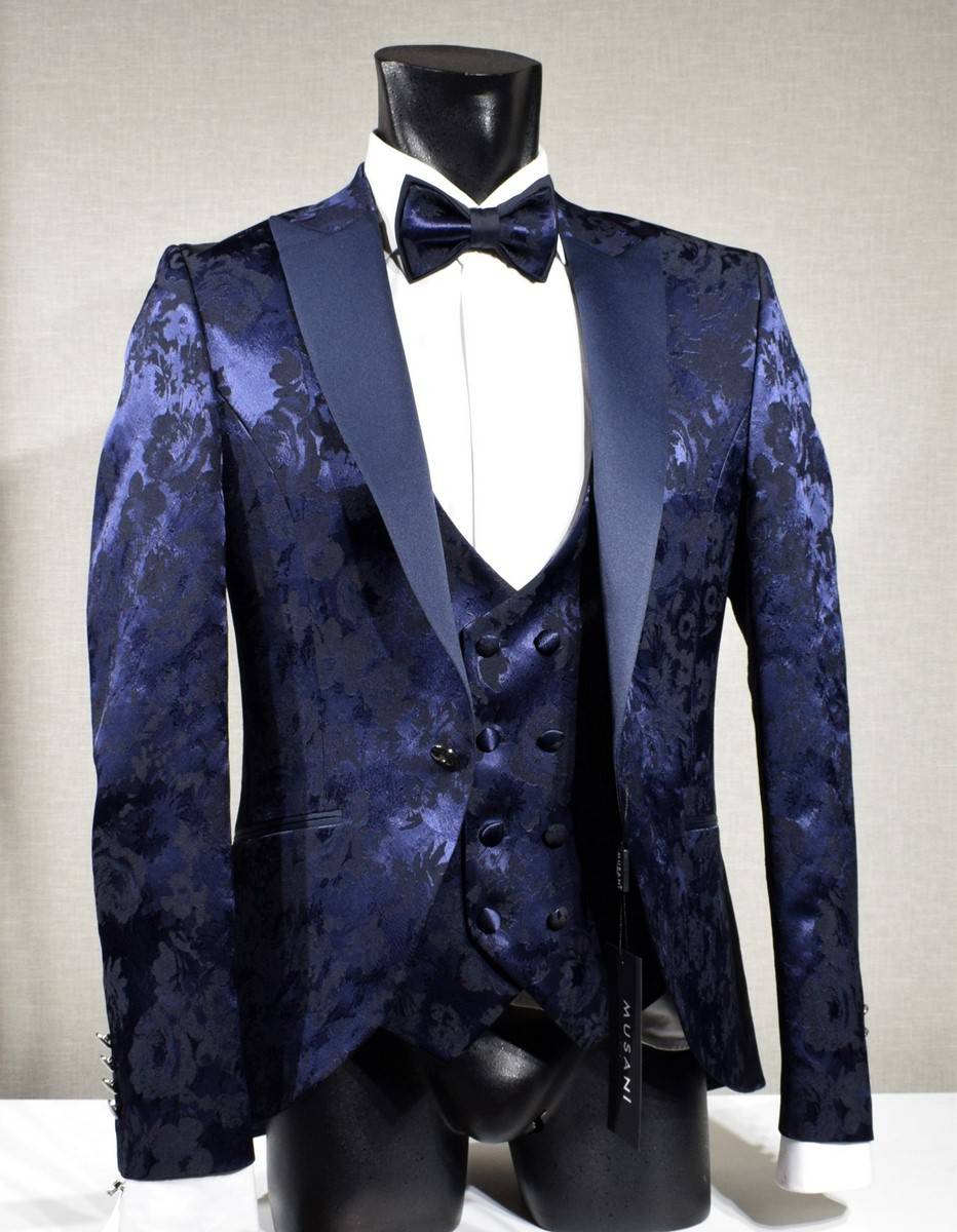 Musani Milano Cerimonia Abito blu damascato musani cerimonia sposo slim fit Moda