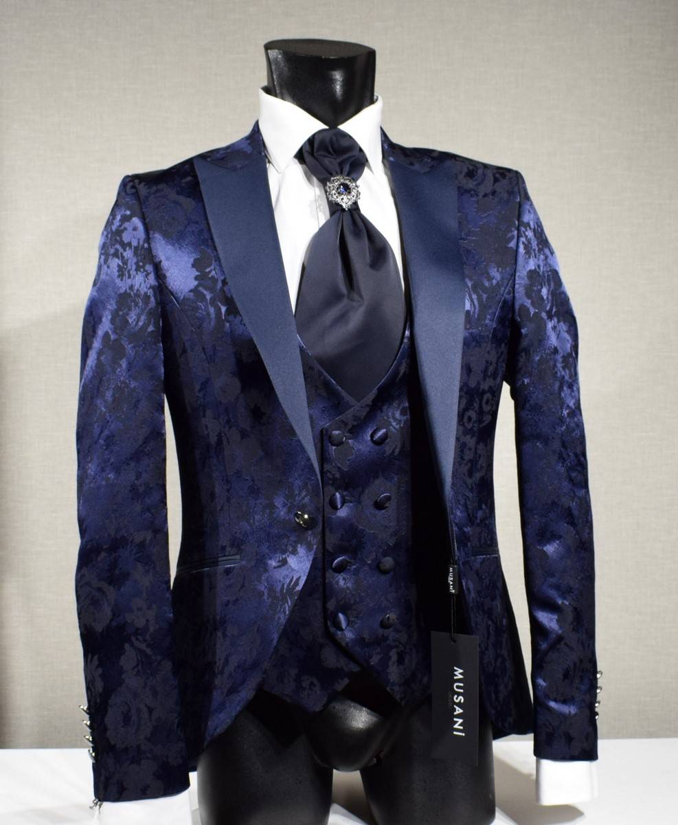 Musani Milano Cerimonia Abito blu damascato musani cerimonia sposo slim fit Moda