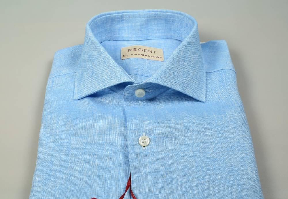 Regent by Pancaldi Camicia pancaldi verde acqua slim fit in puro lino collo alla francese Offerta natalizia