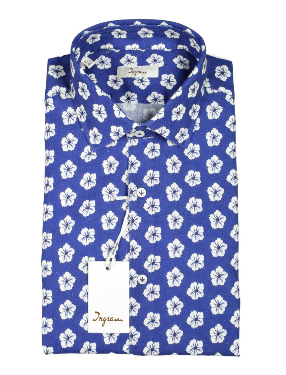 Ingram Camicia ingram azzurra fantasia floreale cotone e lino slim fit Offerte esclusive