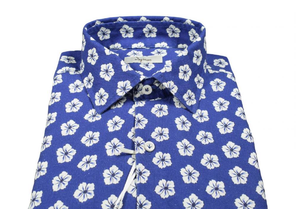 Ingram Camicia ingram azzurra fantasia floreale cotone e lino slim fit Offerte esclusive
