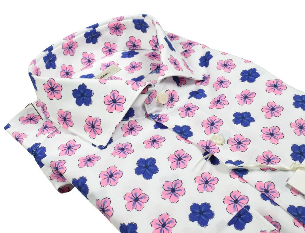 Ingram Camicia ingram fantasia floreale blu e rosa in puro cotone slim fit