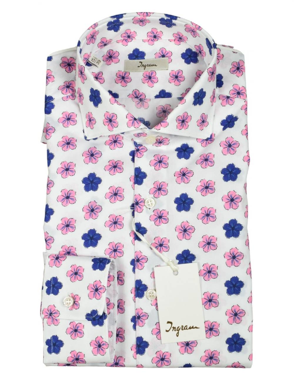Ingram Camicia ingram fantasia floreale blu e rosa in puro cotone slim fit Lightning offer
