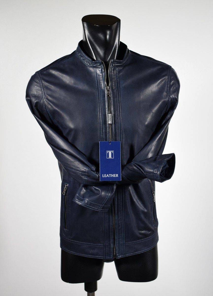 Talenti Giubbino corto talenti in pelle traforata blu slim fit