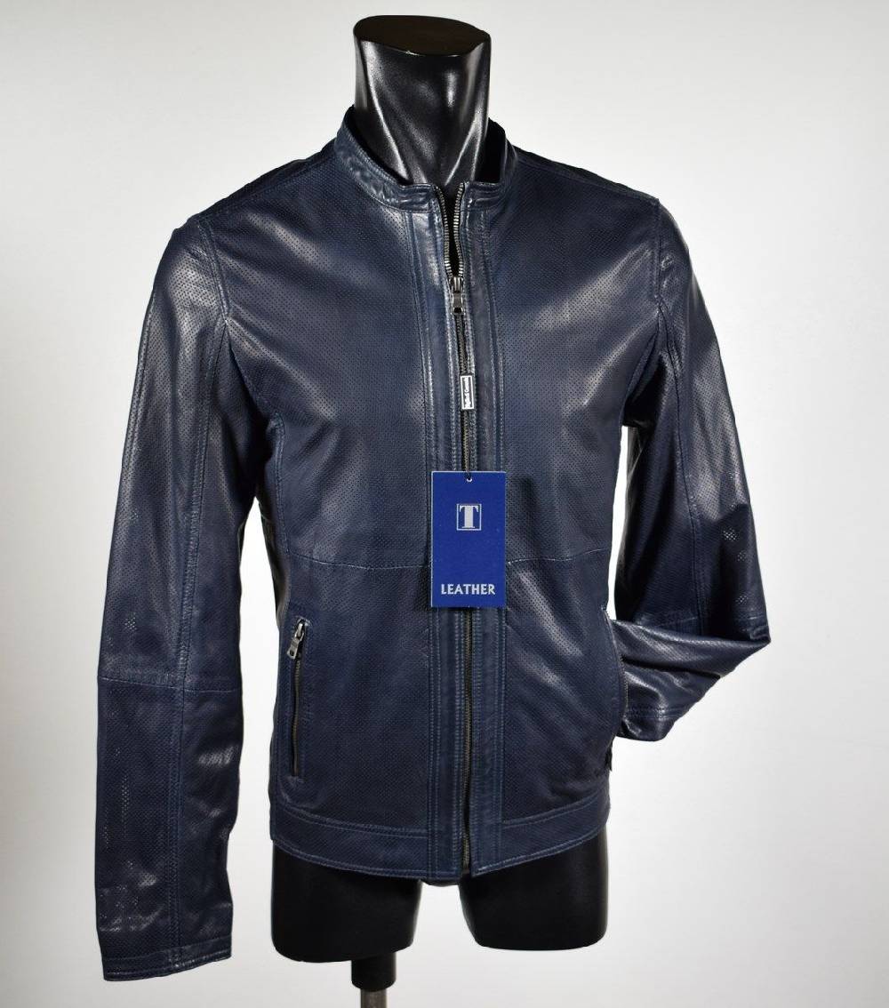 Talenti Giubbino corto talenti in pelle traforata blu slim fit Super sconto