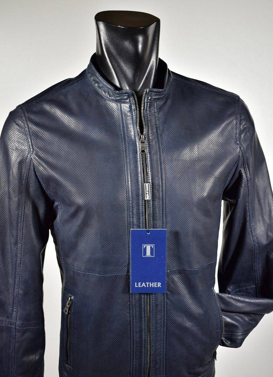 Talenti Giubbino corto talenti in pelle traforata blu slim fit Super sconto